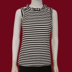 HAYDEN Horizontal Striped Black and White Monochrome Ruffle Sleeveless Top